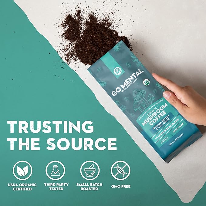 Organic 14 Mushroom Coffee Blend Dark Roast, Organic Lion's Mane, Chaga, Red Reishi and more, Chocolate Notes, Enhances Overall Health, Immune Support And Wellbeing, Ground 12 oz Bag