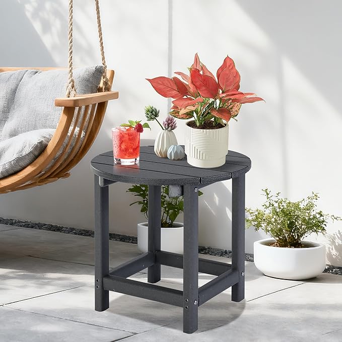 LZRS Round Adirondack Patio Side Table End Table, Outdoor Side Tables for Patio, Backyard,Pool, Indoor Companion, Easy Maintenance & Weather Resistant(Grey)