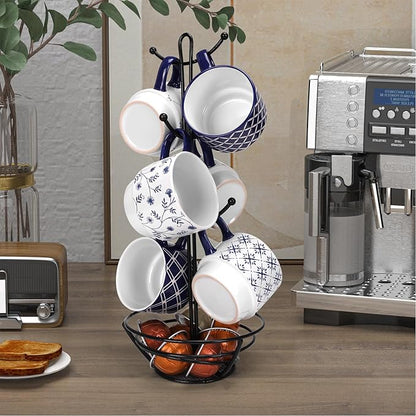 Schliersee 12 OZ Stackable Ceramic Coffee Mugs set of 6, Geometric Floral Pattern Small Mug, Blue White Porcelain Coffee Mug, Stacking Coffee Mugs, Tea Mug, Water Cup, Dishwasher Safe, Microwave Safe