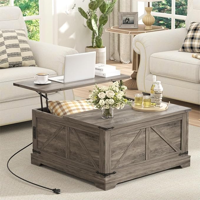Coffee Table with Storage, 31.5" W Farmhouse Lift Top Wood Square Center Table with Charging Station, Rustic Cocktail Tables with Flip Top Lids for Living Room, Home Office, Grey