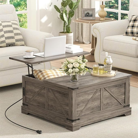 Coffee Table with Storage, 31.5" W Farmhouse Lift Top Wood Square Center Table with Charging Station, Rustic Cocktail Tables with Flip Top Lids for Living Room, Home Office, Grey