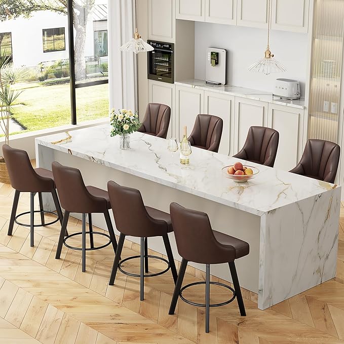 Swivel Bar Stools with Backs, 24" Counter Height Barstools Set of 4, PU Leather Upholstered Counter Bar Stools with Solid Wood Legs for Kitchen Island, Home Bar, Brown