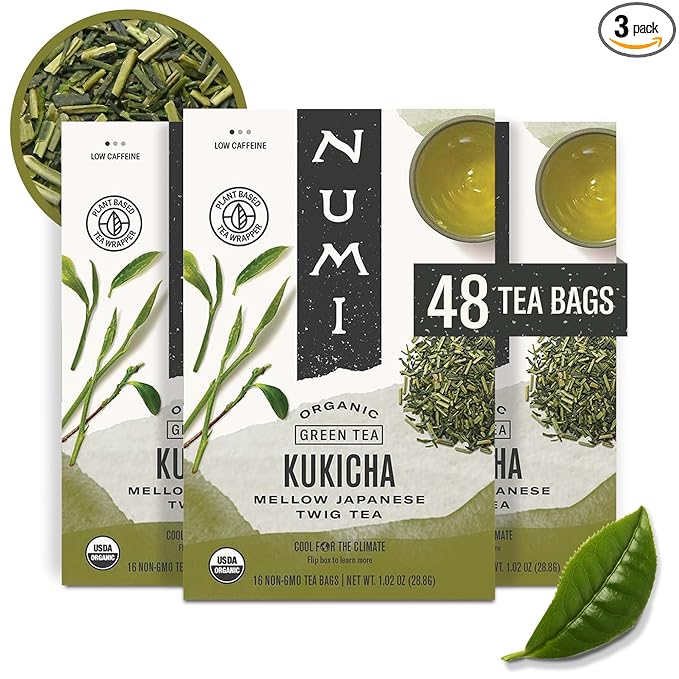 Numi Organic Kukicha Green Tea, 16 Tea Bags (Pack of 3), Roasted Japanese Twig Tea, Caffeinated