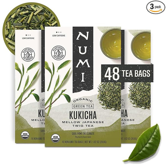 Numi Organic Kukicha Green Tea, 16 Tea Bags (Pack of 3), Roasted Japanese Twig Tea, Caffeinated