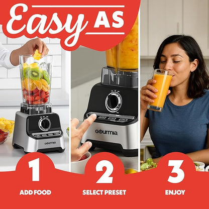 Gourmia Heavy Duty Countertop Blender – 2L BPA-Free Pitcher, 1500W High-Speed Motor, 45,000 RPM, 4 Presets, Variable Speed Dial, Built-In Tamper, Dishwasher-Safe Parts, Stainless Steel