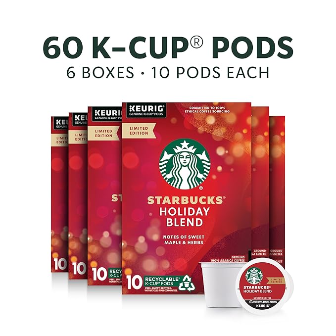 Starbucks K-Cup Coffee Pods, Medium Roast Coffee for Keurig Brewers, Holiday Blend, 100% Arabica, Limited Holiday Edition, 6 Boxes (60 Pods Total)
