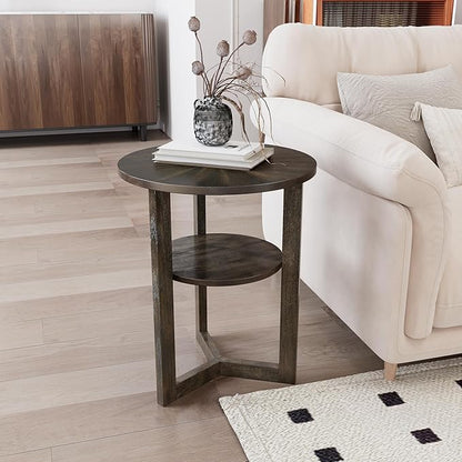 PADMA HOUSE 19.3" Round Wood End Table, 2-Tier Solid Wood Rounded Accent Side Table Circle Nightstand Table with Storage Shelf Vintage Furniture for Home Living Room Bedroom,Black Brown 3338BK