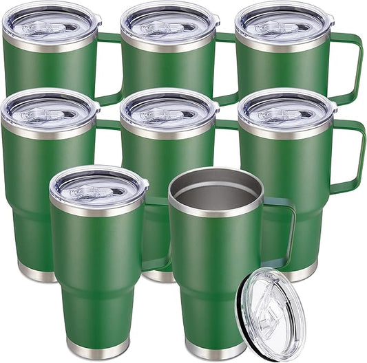 30 oz Tumbler with Handle and Lid, Stainless Steel Tumblers Bulk Double Wall Vacuum Insulated Travel Mug Leak Proof Cup Keep Drinks Cold and Hot Dark Green, 8 Pack