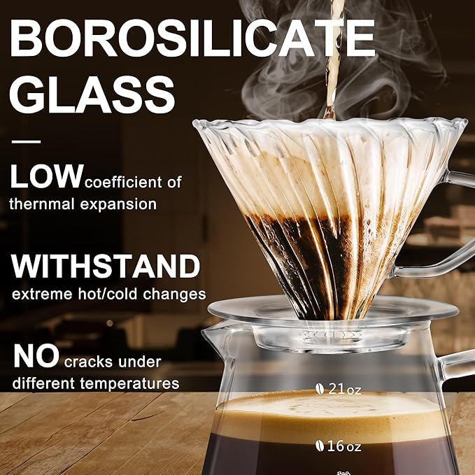 21oz Pour Over Coffee Maker Set, V60 Glass Coffee Dripper, Octagonal Shape Coffee Pot with 40Pcs Filter Paper Gift Set