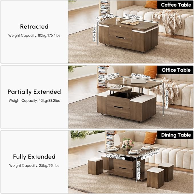 homary Lift-Top Coffee Table with Hidden Storage, 3-in-1 Modern Folding Center Table with 4 Stools, Casters, and Lockable Wheels – Convertible Dining & Office Table for Living Room (Walnut)