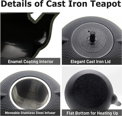 Big Cast Iron Teapot Set with Cups, Japanese Tetsubin Tea Kettle for Stovetop Safe, Cast Iron Tea Set with Tea Strainer for Loose Tea and Enameled Interior (1800ml Teapot Set with Cups)