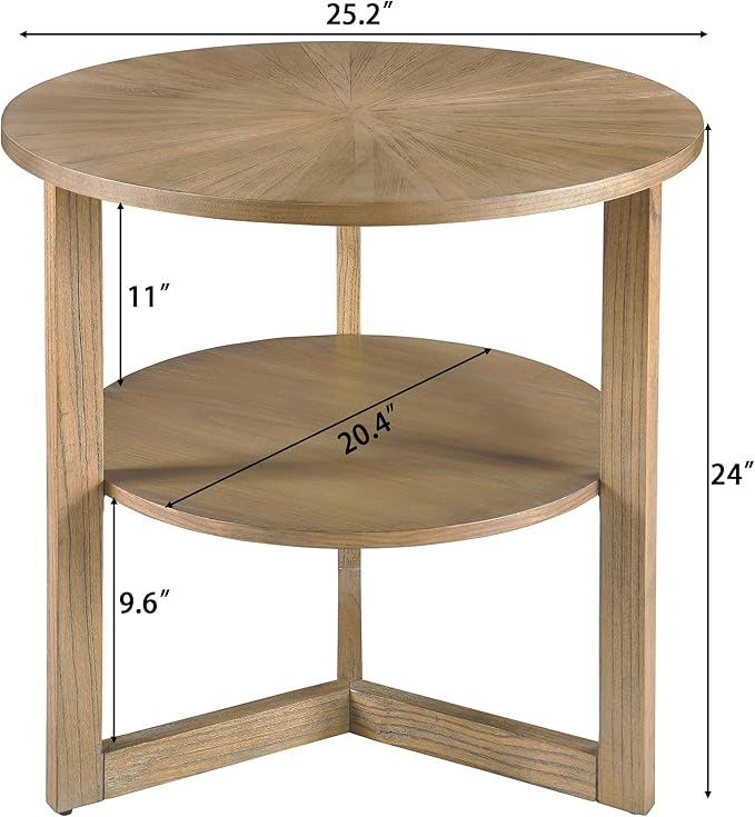 PADMA HOUSE 25" Round Wood End Table, 2-Tier Solid Wood Rounded Accent Side Table Circle Nightstand Table with Storage Shelf Vintage Furniture for Home Living Room Bedroom,Rustic Natural 3338