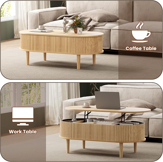 BREEZEHEAT Fluted Lift Top Coffee Table, 39" Oval Coffee Table with Storage, Hidden Compartment & Fully Assembled Centre Table Oval Lift Tabletop for Living Room, Small Space, Home Office, Natural
