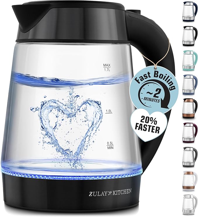 Zulay Kitchen Fast Boiling Electric Water Kettle - 1.7L, 1500W, Auto Shut-Off for Overboil & Boil Dry Protection, Cool-Touch Handle, 360° Base - Rapid Teapot Boiler For Coffee & Tea - Black Metallic