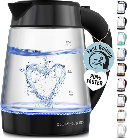 Zulay Kitchen Fast Boiling Electric Water Kettle - 1.7L, 1500W, Auto Shut-Off for Overboil & Boil Dry Protection, Cool-Touch Handle, 360° Base - Rapid Teapot Boiler For Coffee & Tea - Black Metallic