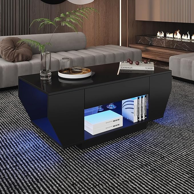 42" Black Modern Coffee Table for Living Room, High Glossy Wooden Living Room Table with Storage, Led Rectangular Coffee Tables with 2 Drawers, Wood Center Table for Reception Dinning Room