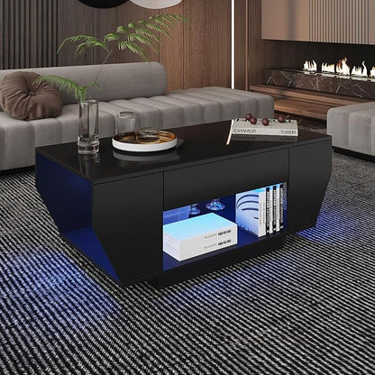 42" Black Modern Coffee Table for Living Room, High Glossy Wooden Living Room Table with Storage, Led Rectangular Coffee Tables with 2 Drawers, Wood Center Table for Reception Dinning Room