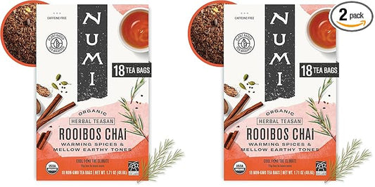 Numi Organic Rooibos Chai Tea, 18 Caffeine Free Herbal Bags, Microplastic Free, Rich Flavor with Cinnamon, Allspice & Ginger (Pack of 2)
