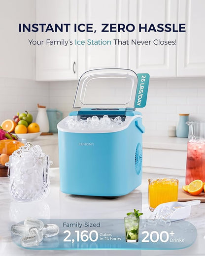 EUHOMY Countertop Ice Maker Machine with Handle, 26lbs Per Day, 9 Ice Cubes Ready in 6 Mins, Auto-Cleaning Portable Ice Maker with Basket and Scoop, for Home/Kitchen/Camping/RV (Blue)
