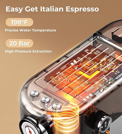 Espresso Machine with Milk Frother, 20 Bar High Pressure Professional Espresso Maker Automatic, Compact Stainless Steel Coffee Machine for Cappuccino, Latte, Gift for Coffee Lover, Dad or Mom, Silver