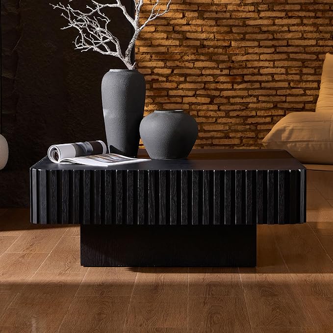 KEVINSPACE Square Wood Coffee Table, Fluted CoffeeTable Handcraft Drum TeaTable CenterTable for Living Room, Modern Wooden CocktailTable for Small Space, Easy Assembly 35.43" 15.75" H Black