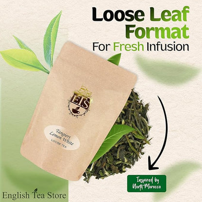 English Tea Store Tangiers Lemon Flavored White Tea Loose Leaf - 2oz | Light and Brisk White Tea with Fresh Lemon Flavor | Elegant Citrus Tea Inspired by North Morocco