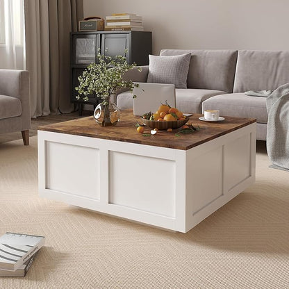 Lift Top Coffee Table with Storage, 31.5" Square White Coffee Table with Large Hidden Storage, Wood Living Room Table Center Table for Living Room Dining Reception Room