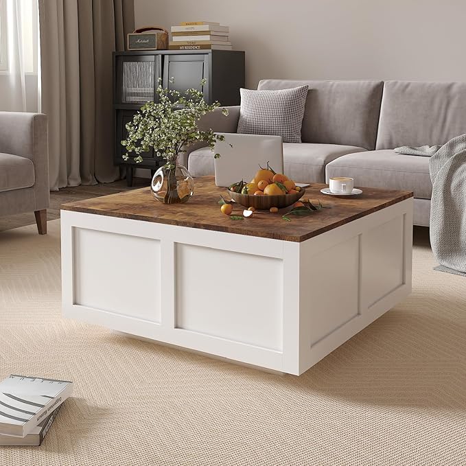 Lift Top Coffee Table with Storage, 31.5" Square White Coffee Table with Large Hidden Storage, Wood Living Room Table Center Table for Living Room Dining Reception Room