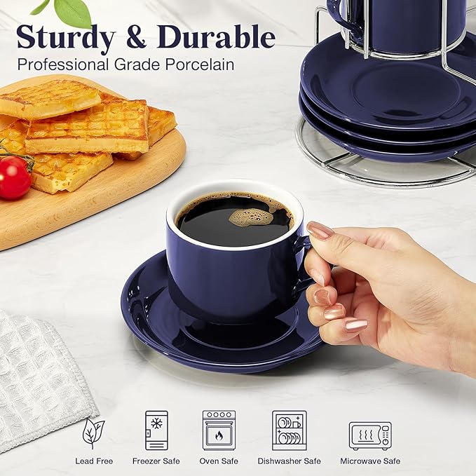 8 Ounce Blue Porcelain Stackable Cappuccino Cups with Stainless Steel Holder, Set of 4, Durable Ceramic, Perfect for Home, Office or Gift