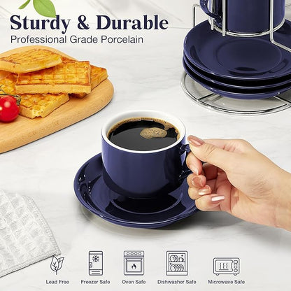 8 Ounce Blue Porcelain Stackable Cappuccino Cups with Stainless Steel Holder, Set of 4, Durable Ceramic, Perfect for Home, Office or Gift