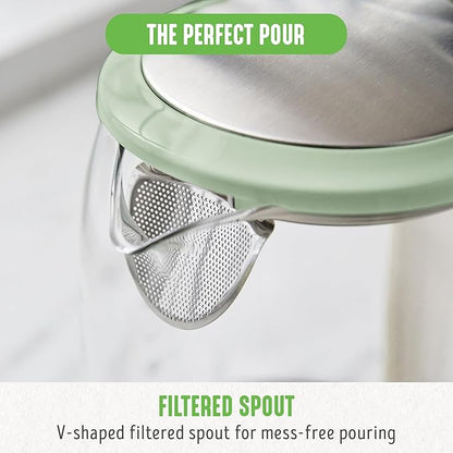 GreenLife 1.7 Liter Glass Electric Kettle, Easy One Touch Use, Quick Heating, Filtered Spout, LED Base, Auto Shut-Off, Cordless Serving, Coffee and Tea, Sage Green