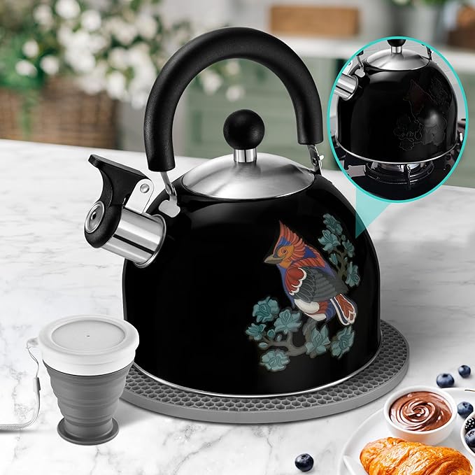 ARC Stainless Steel Whistling Tea Kettle for Stovetop, Magic Color Changing Design Teapot for Stovetop, 2 Quart Black Tea Kettle with Silicone Trivet Mat for Heat Resistant & Folding Cup
