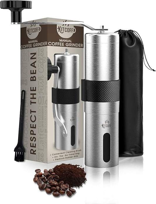 Manual Coffee Grinder — Stainless Steel Conical Burr Coffee Bean Grinder with Hand Crank, 18 Adjustable Settings, Storage Pouch and Sturdy Grip — Portable Coffee Grinder for Camping or Travel