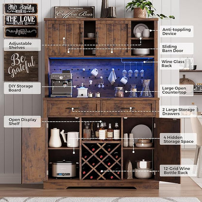 72" Coffee Bar Cabinet with Power Outlet & LED Light, Farmhouse Large Kitchen Hutch with Sliding Barn Door, Tall Bar Cabinets with Storage Drawers & Wine Glass Rack,Pantry China Cabinet,Vintage Brown