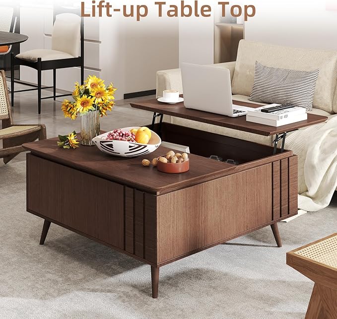 36.2" Lift Top Coffee Table with Storage, Large Square Coffee Tables with Hidden Compartment, Mid Century Modern Center Table for Home Office,Living Room,Dark Walnut