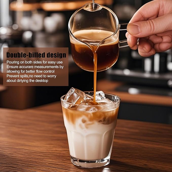 Espresso Cups Set of 2, 75ML Espresso Shot Glass with Handle Double Spout Cups Clear Glass Measuring Cup Coffee Accessories Great for Making Coffee Desserts Salad Dressing