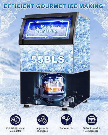 Commercial Gourmet Ice Maker, 120Lbs/24H Spray Ice Machine with 55Lbs Storage, Self-Cleaning & Adjustable Ice Thickness, Stainless Steel Freestanding Under Counter for Crystal Clear Nugget Ice Making