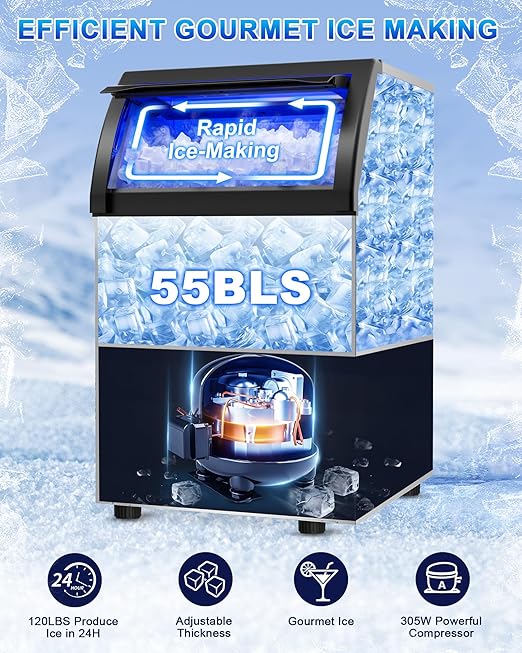 Commercial Gourmet Ice Maker, 120Lbs/24H Spray Ice Machine with 55Lbs Storage, Self-Cleaning & Adjustable Ice Thickness, Stainless Steel Freestanding Under Counter for Crystal Clear Nugget Ice Making