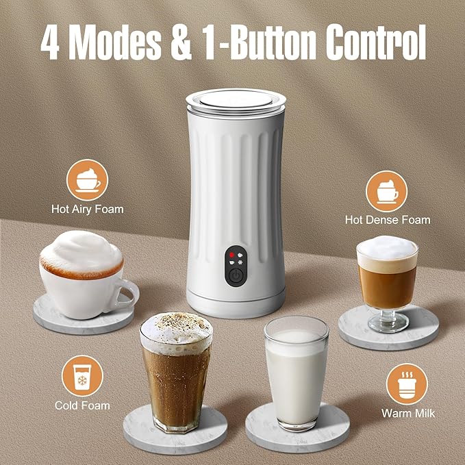 Milk Frother, 4-in-1 Electric Milk Frother and Steamer, Automatic Hot and Cold Foam Maker and Milk Warmer for Coffee, Latte, Cappuccino, Macchiato, Hot Chocolate(Pearl White)