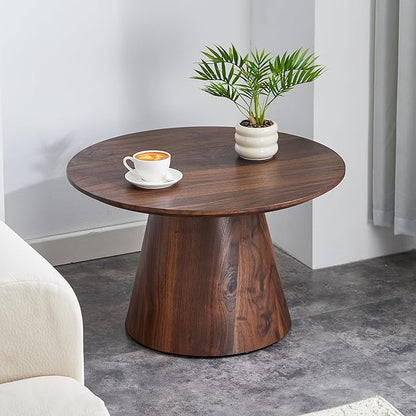 25.6" Small Round Coffee Table, Wood Mid Century Modern Coffee Tables with Pedestal Base, Space Saving Circle Center Table for Living Room, Small Space, Apartment (Walnut)