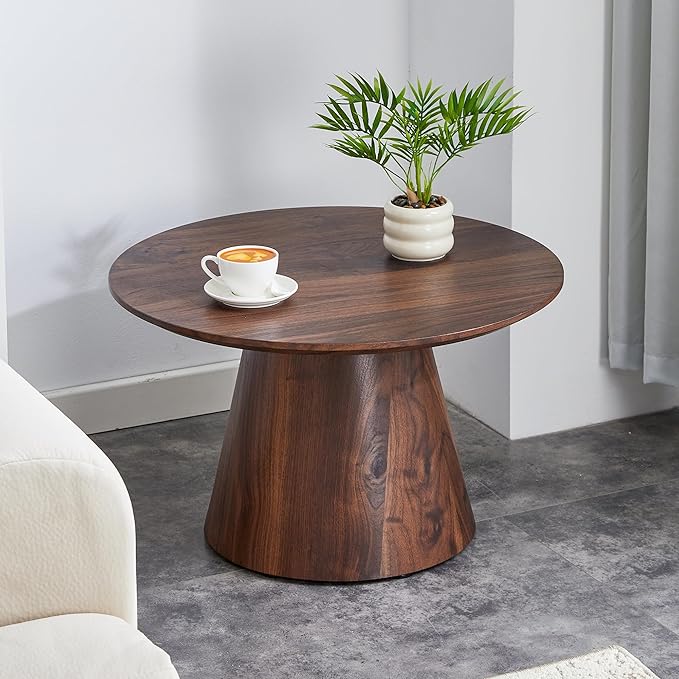 Walnut Coffee Table, 25.6" Small Coffee Table, Natural Wood Grain Round Tabletop with Wooden Cone Base, Round Living Room Table with Adjustable Feet, Mid Century Center Table for Apartment,Small Space