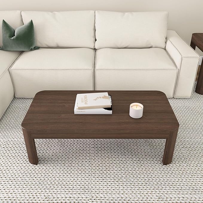 Plank+Beam Modern Rounded Coffee Table, 48 Inch, Solid Wood Contemporary Center Table for Living Room, Rectangle Tea Table, Walnut