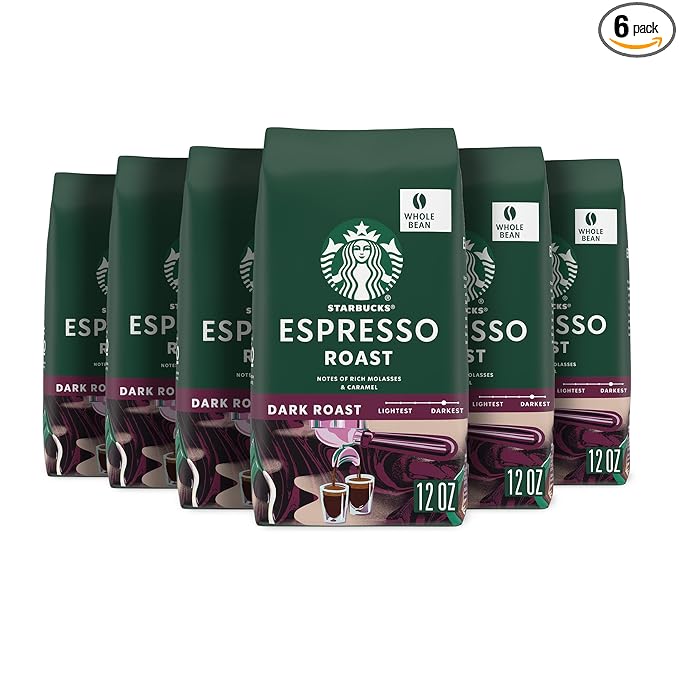 Starbucks Whole Bean Coffee, Dark Roast Coffee, Espresso Roast, 100% Arabica, 6 bags (12 oz each)