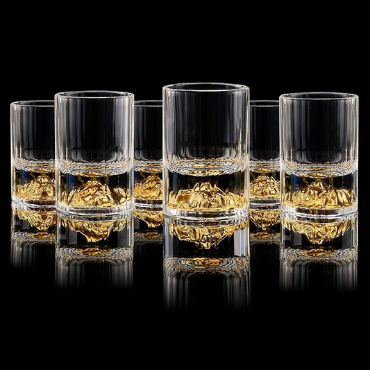 DUJUST 【2025 New Design】 Gold Mountain Shot Glasses (1.5oz), Crystal Shot Glass Set Decorated with 24K Gold Mountain, BPA-Free & Lead-Free, Perfect for Décor & Collection, Gift Choices - 6 pcs
