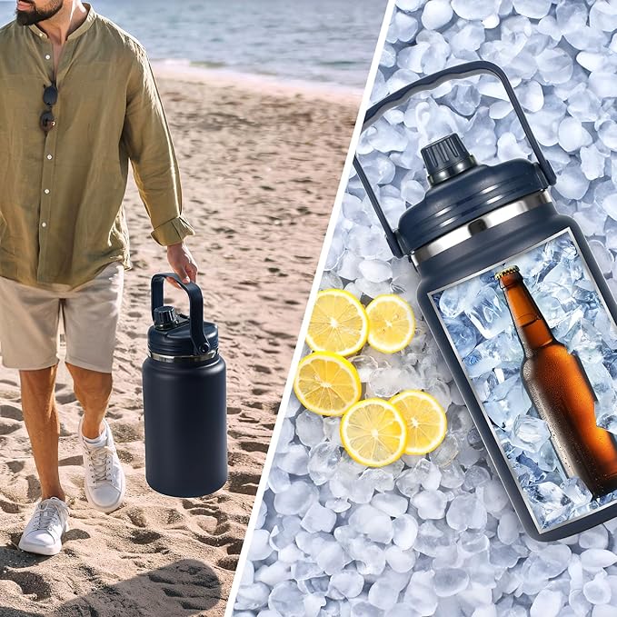 1 Gallon Thermosflask with Straw, 135oz Stainless Steel Insulated Water Bottle，4L Oversized Double Wall Vacuum Jug with Handle for Hot Cold Drinks, Wide mouth Icebuckets for Hiking Sports(Blue)