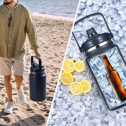 1 Gallon Thermosflask with Straw, 135oz Stainless Steel Insulated Water Bottle，4L Oversized Double Wall Vacuum Jug with Handle for Hot Cold Drinks, Wide mouth Icebuckets for Hiking Sports(Blue)