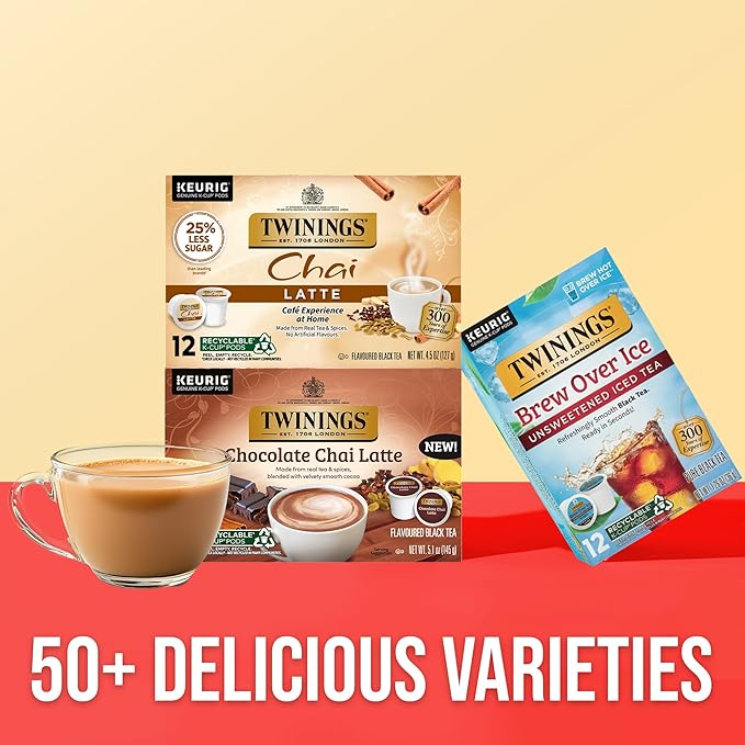 Twinings Chai Latte Black Tea 72 K-Cup Pods for Keurig, 12 Count (Pack of 6), Creamy, Slightly Sweet, Less Sugar, Caffeinated, Enjoy Hot or Iced