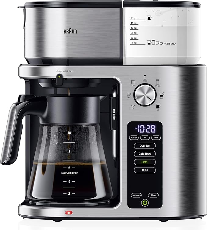 Braun MultiServe Plus 10-Cup Drip Coffee Maker - Hot & Cold Multi-Serve Brewer with Programmable Timer and Auto Start, Over Ice Function, Stainless Steel & Pod-Free Design, KF9270SI