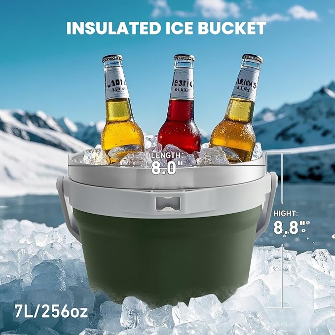 COKTIK 7L Vacuum Insulated Ice Bucket with Lid and Scoop& Tongs，Large capacity Stainless Steel Beverage Bucket for Cocktail, Champagne, Wine, Beer，Large Parties（Army Green Suit）