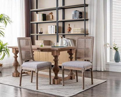 CIMOTA Farmhouse Dining Chairs Set of 4, French Rattan Dining Room Chairs with Rectangle Back/Distressed Wood Upholstered Vintage Side Chairs for Kitchen/Restaurant, Grey/4PCS